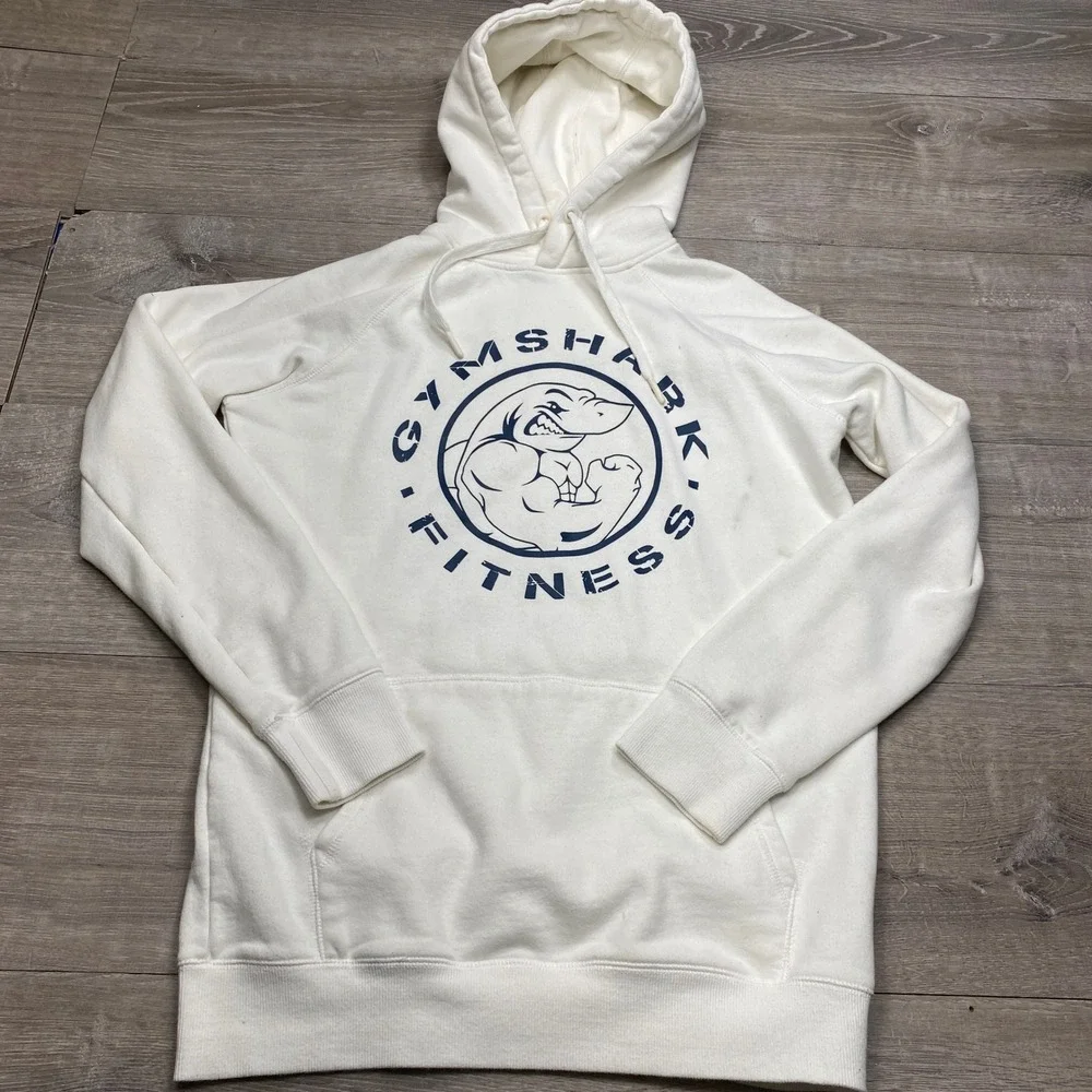 Gymshark Fitness Hoodie Mens M White Graphic Pullover Fleece Gym Activewear